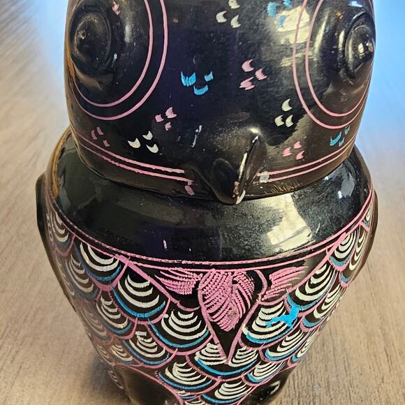 Vintage Burmese Lacquerware Owl Jar Set Purple & Black - Picture 8 of 10